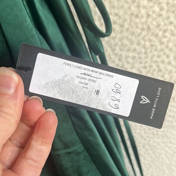 Lulus Fondly Loved Dark Green Satin Wrap Maxi Dress Womens XS - Picture 6 of 11